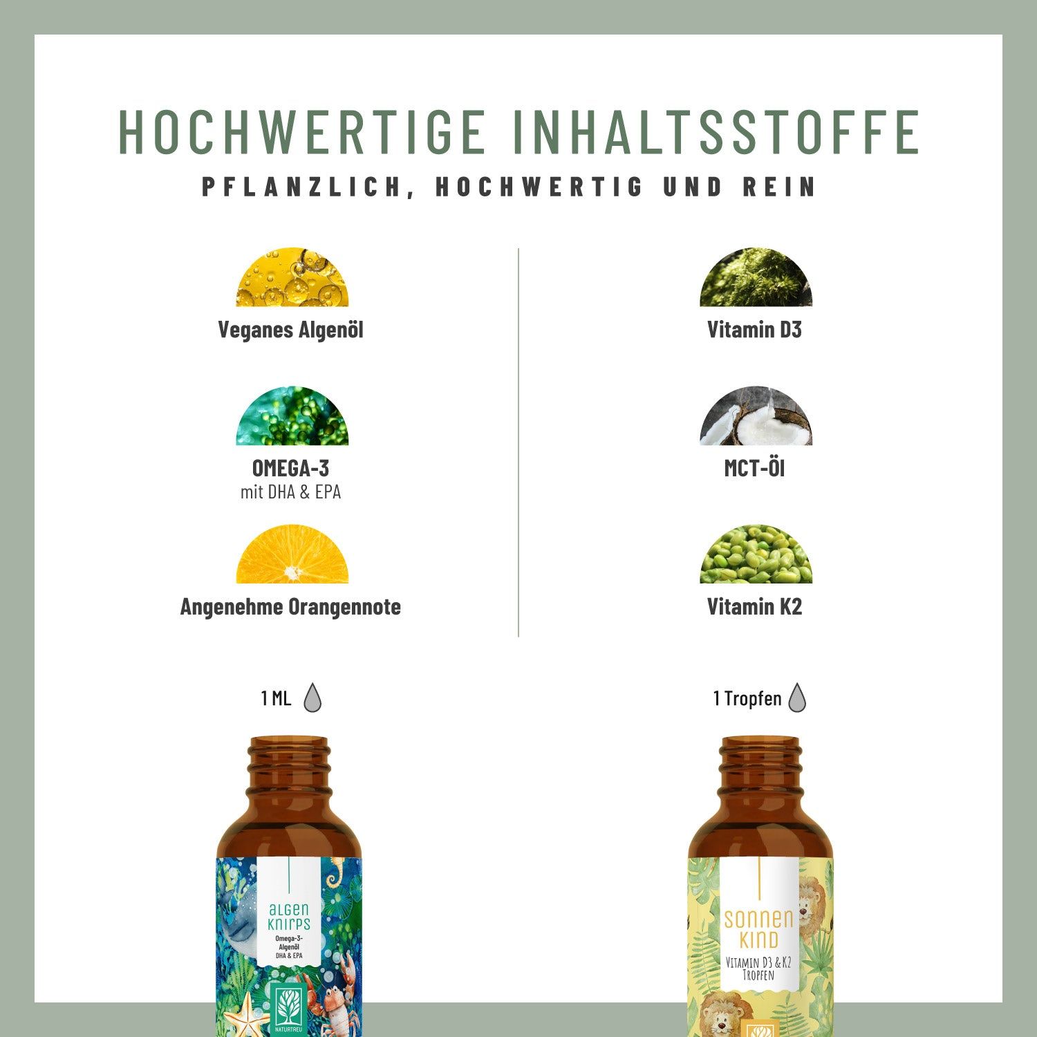 Infografik mit Inhaltsstoffen: Veganes Algenöl, Omega-3, Vitamin D3, MCT-Öl, Vitamin K2. Flaschen daneben.