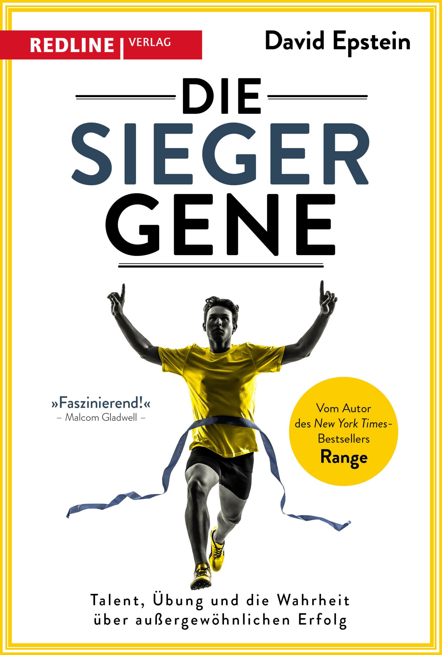 Buchcover: "Die Siegergene". Titel in Großbuchstaben, Autor David Epstein. Läufer überquert Ziellinie. Gelber Rahmen.