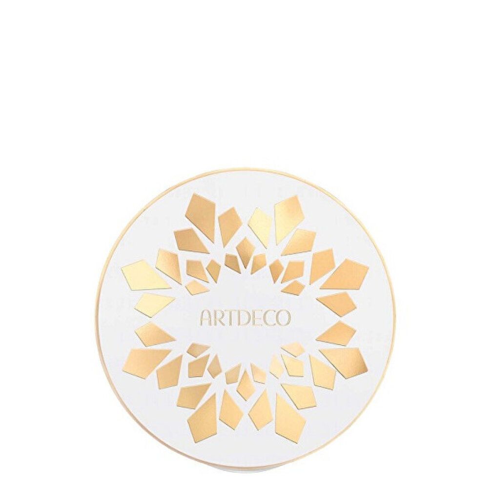 Geschlossene, runde Artdeco-Puder-Verpackung. Weiß mit goldenen geometrischen Elementen und dem Markennamen.