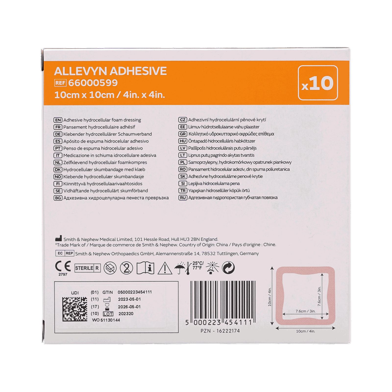 Rückseite der Verpackung mit ALLEVYN ADHESIVE. Produktinformationen, Größenangaben, Herstellerangaben, Chargennummer und Barcode.