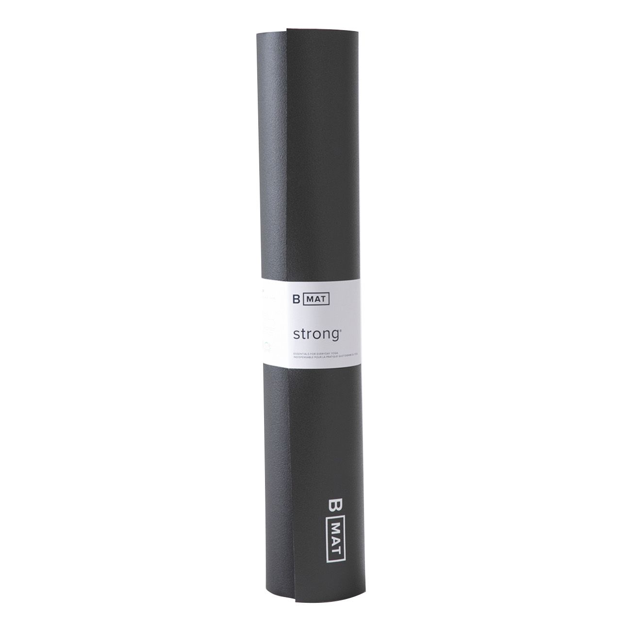 Gerollte schwarze Yogamatte mit weißem Label "B MAT strong".