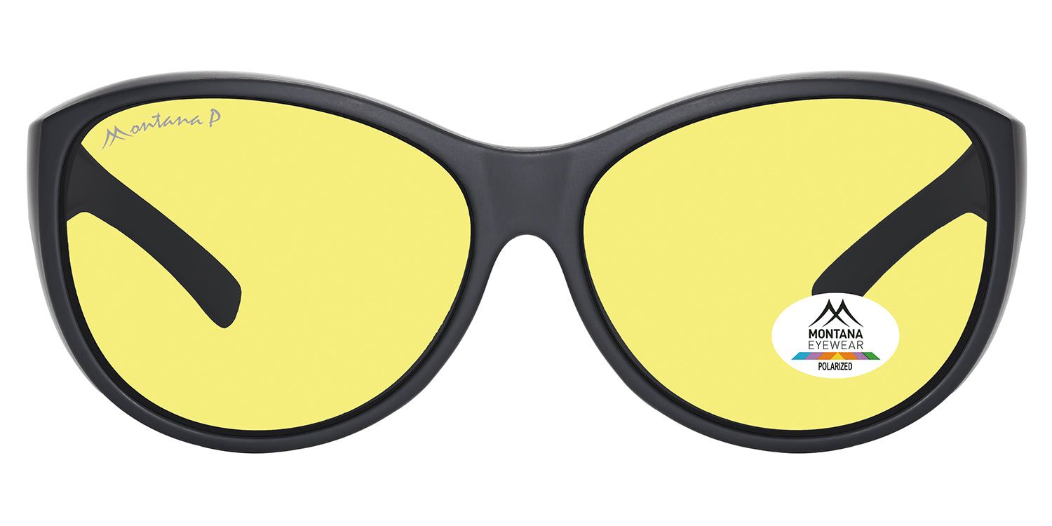 Schwarze Sonnen-Überbrille mit gelben Gläsern. Montana Eyewear Logo und Polarisations-Aufkleber. Schwarzer Rahmen.