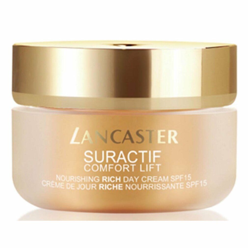 Creme-Tiegel mit goldenem Deckel. Aufschrift: Lancaster, Suractif Comfort Lift, Nourishing Rich Day Cream SPF15.