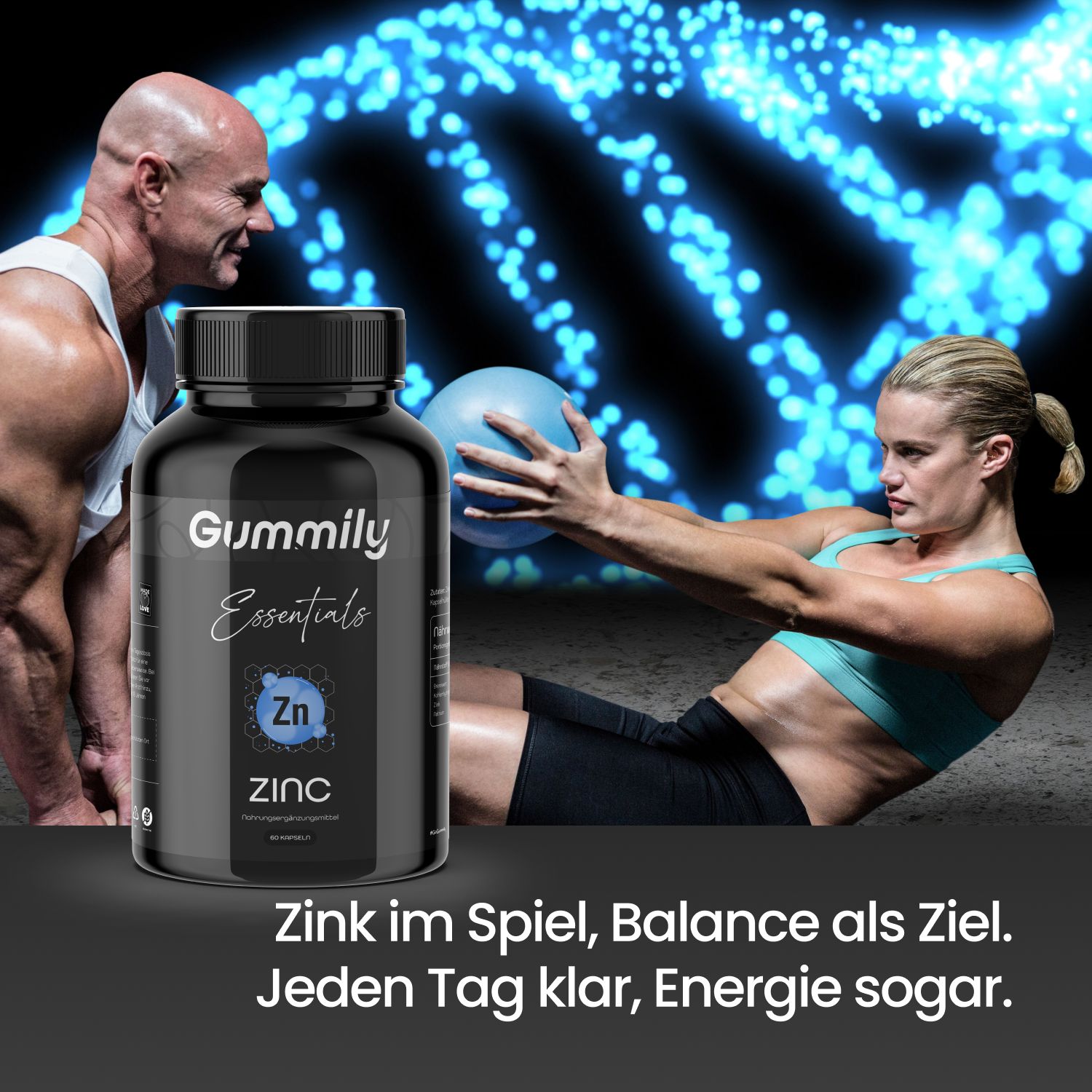 Gummily Essentials Zink Kapseln neben trainierenden Personen. Text: Zink im Spiel, Balance als Ziel. Jeden Tag klar, Energie sogar.