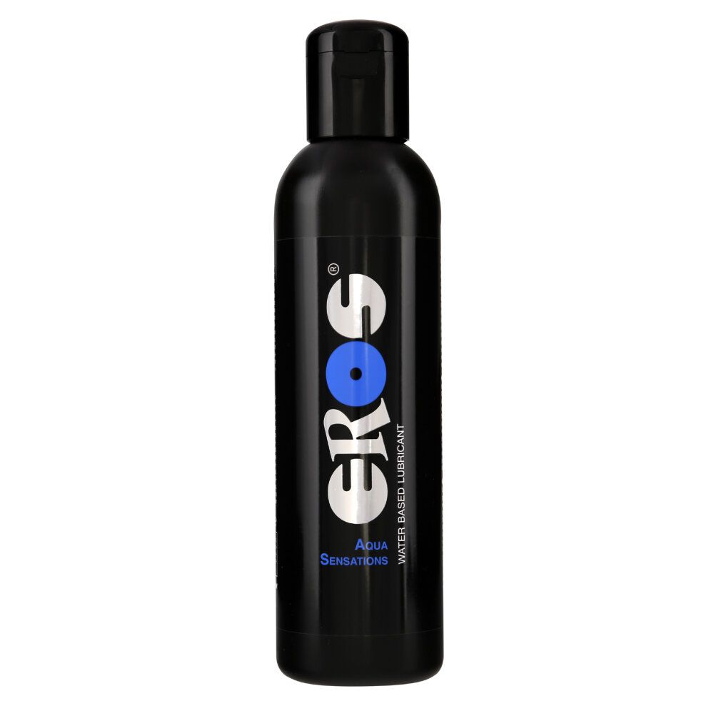 Schwarze Flasche mit Klappverschluss. Aufschrift EROS, Aqua Sensations und Water Based Lubricant.