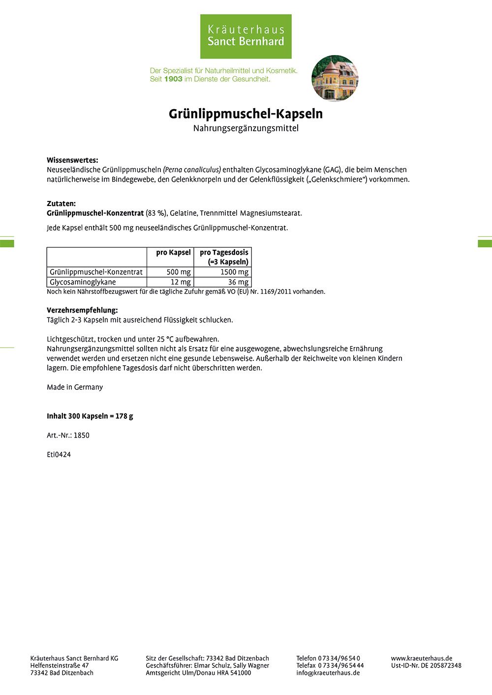 Weißes Blatt mit Text. Überschrift „Grünlippmuschel-Kapseln“. Informationen zu Inhaltsstoffen, Dosierung und Hersteller.