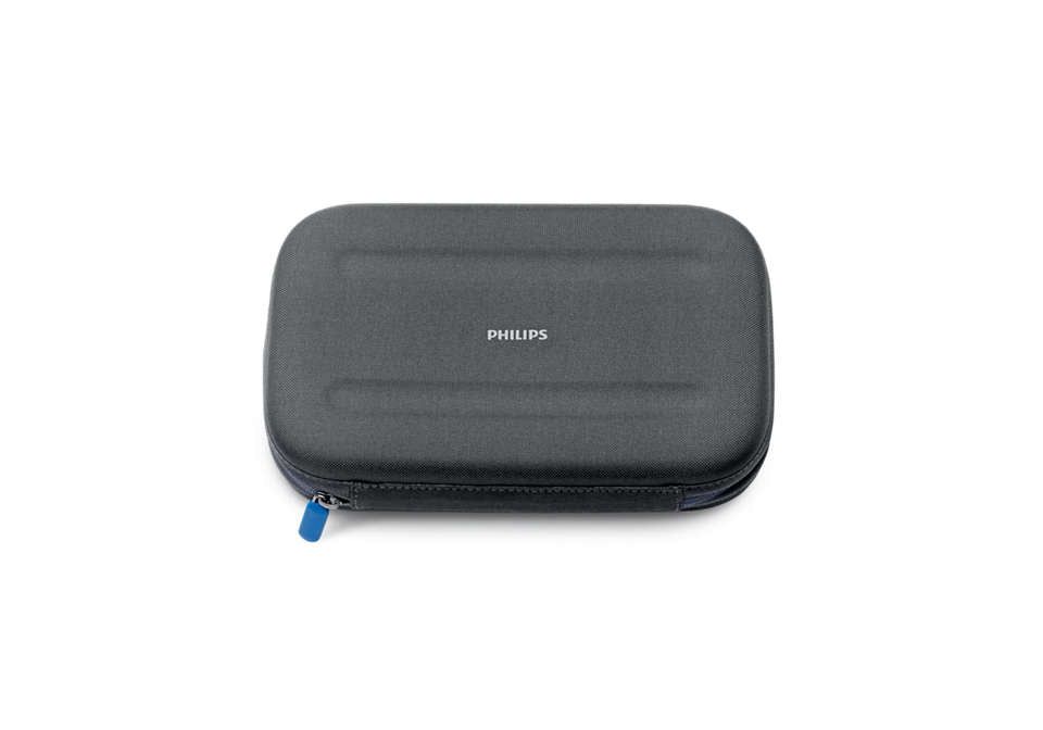 Graues Reiseetui mit Reißverschluss und blauem Zipper. Philips Logo oben.