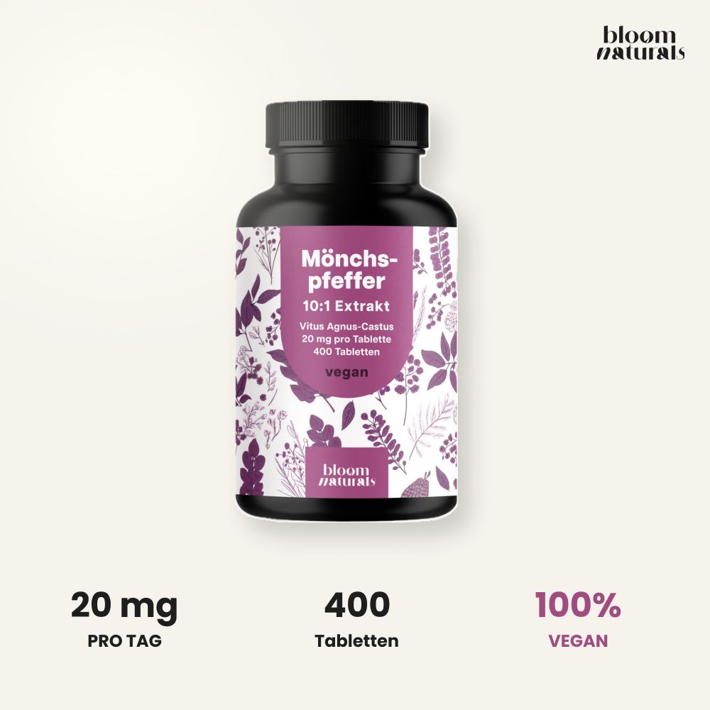 Flasche Mönchspfeffer Tabletten, 20 mg pro Tag, 400 Tabletten, 100% Vegan.