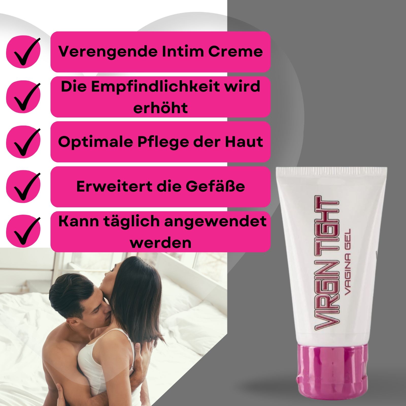 Tube mit Produktaufdruck. Aufschrift: Virgin Tight Vagina Gel. Daneben eine Verpackung.