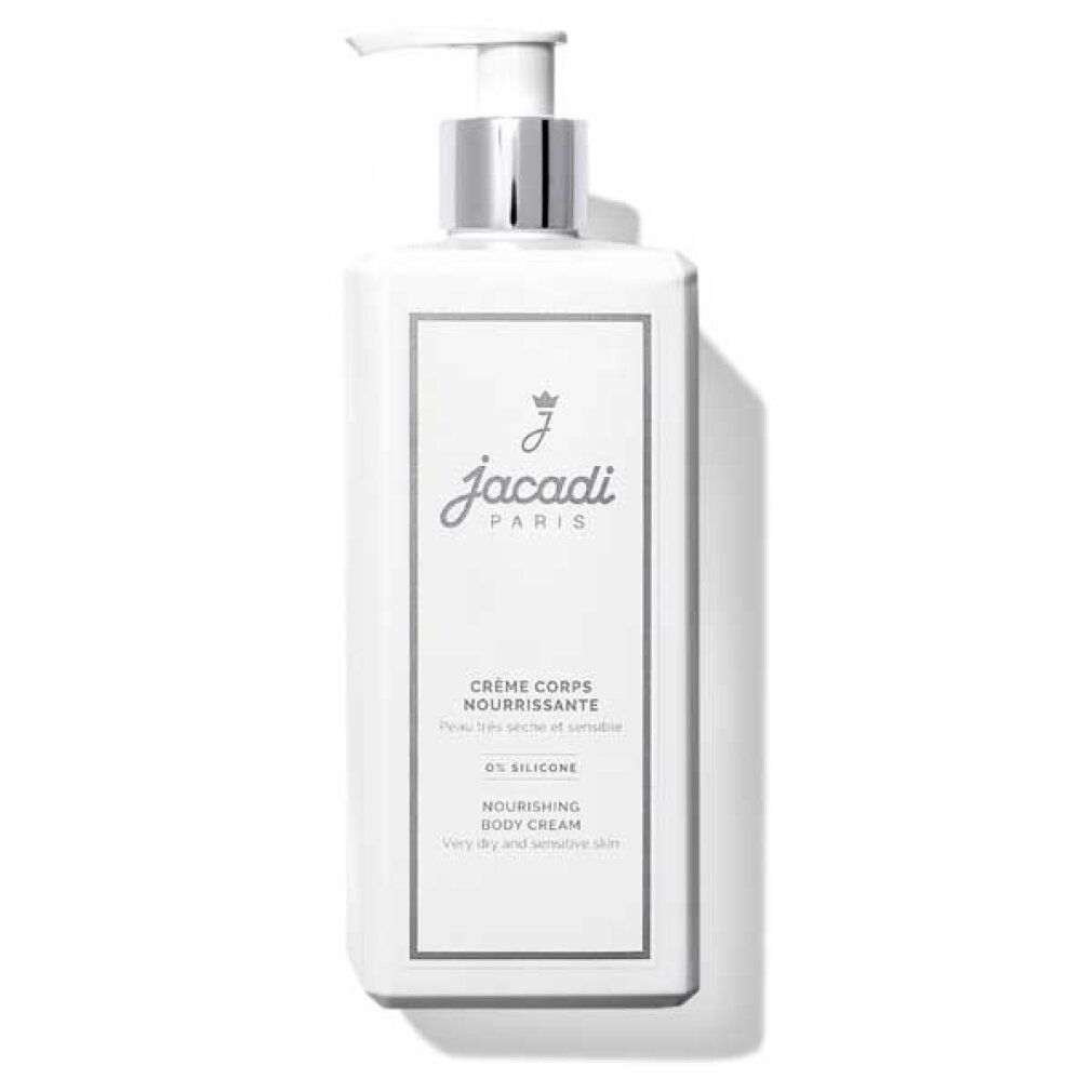 Weiße Flasche mit silbernem Pumpkopf. Aufschrift: Jacadi Paris, Crème Corps Nourrissante, Nourishing Body Cream.