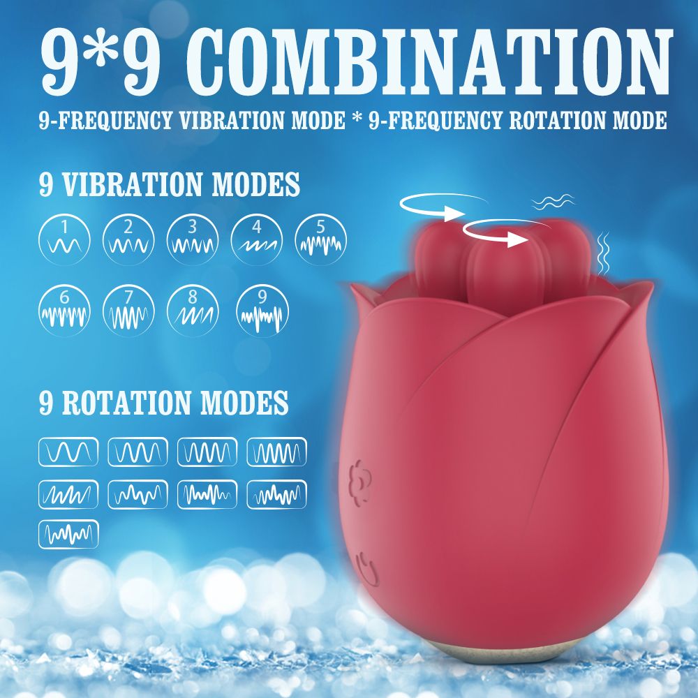 Roter Vibrator in Blütenform. Text zeigt 9 Vibrationsmodi und 9 Rotationsmodi. Das Produkt ist auf blauem Hintergrund abgebildet.