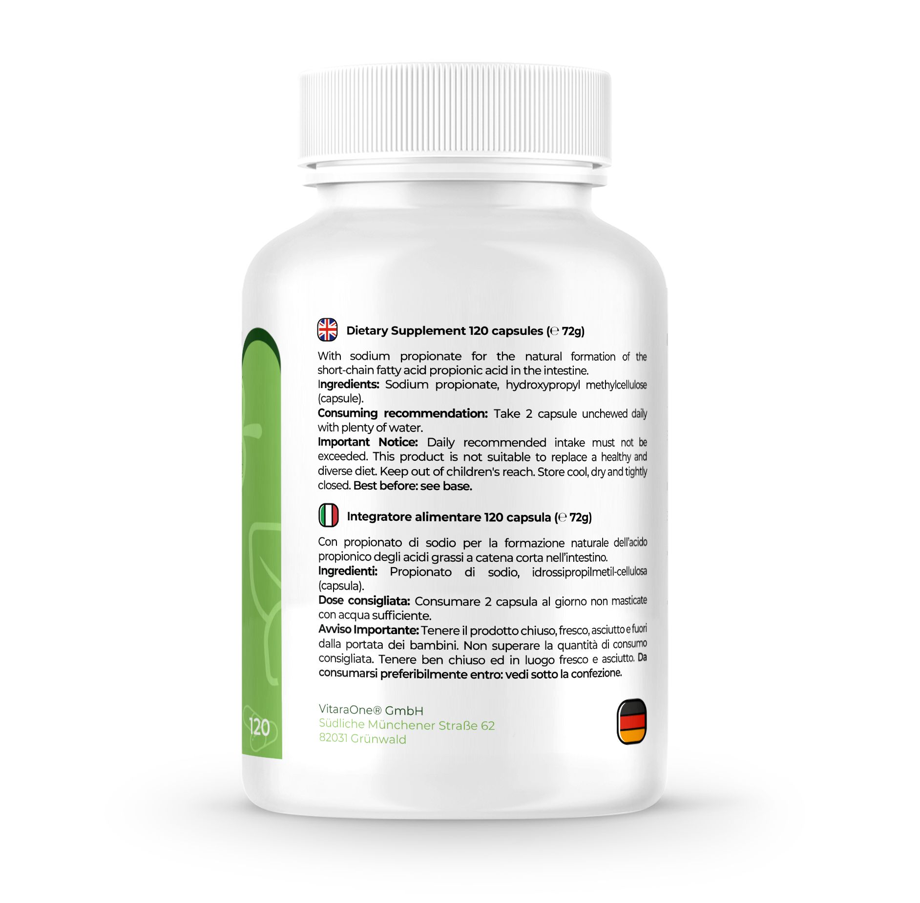 Rückseite einer weißen Flasche. Etikett mit Text: Dietary Supplement, 120 capsules. Inhaltsstoffe, Verzehrempfehlung, Warnhinweis.