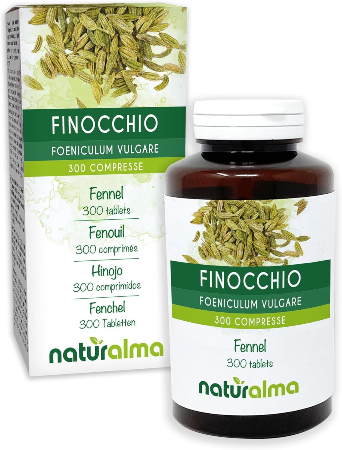 Produktverpackung und Flasche mit Tabletten. Text: Fenchel Foeniculum vulgare Tabletten. Naturalma Logo.