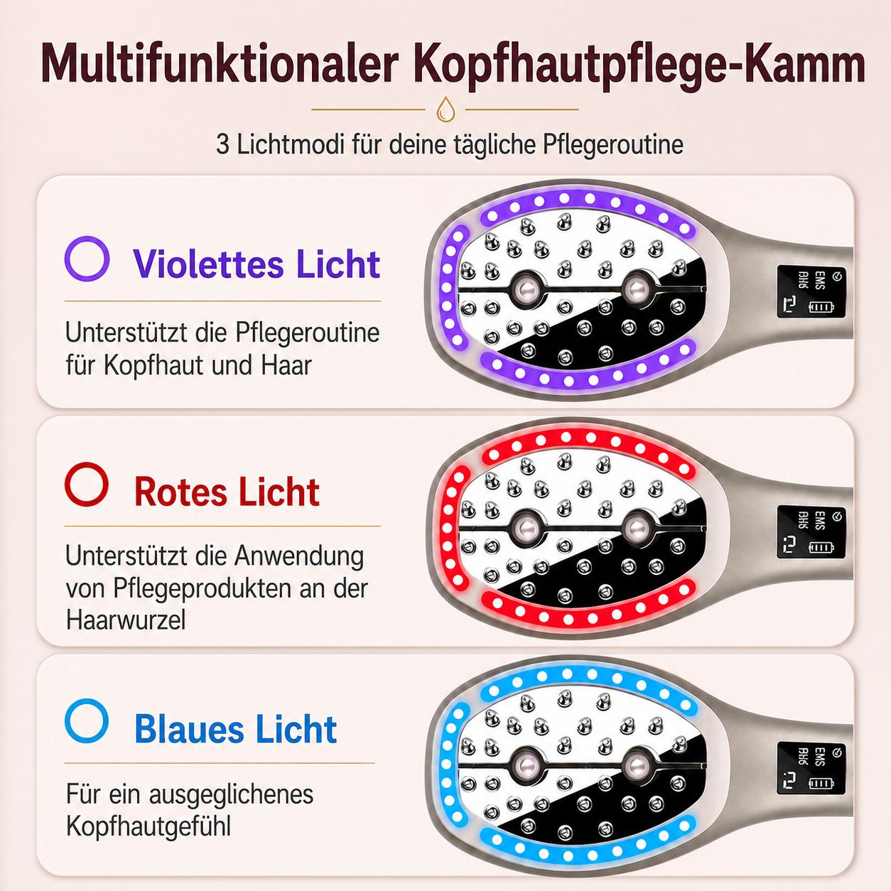 Drei Lichtmodi: Violett, Rot und Blau für die Kopfhautpflege.