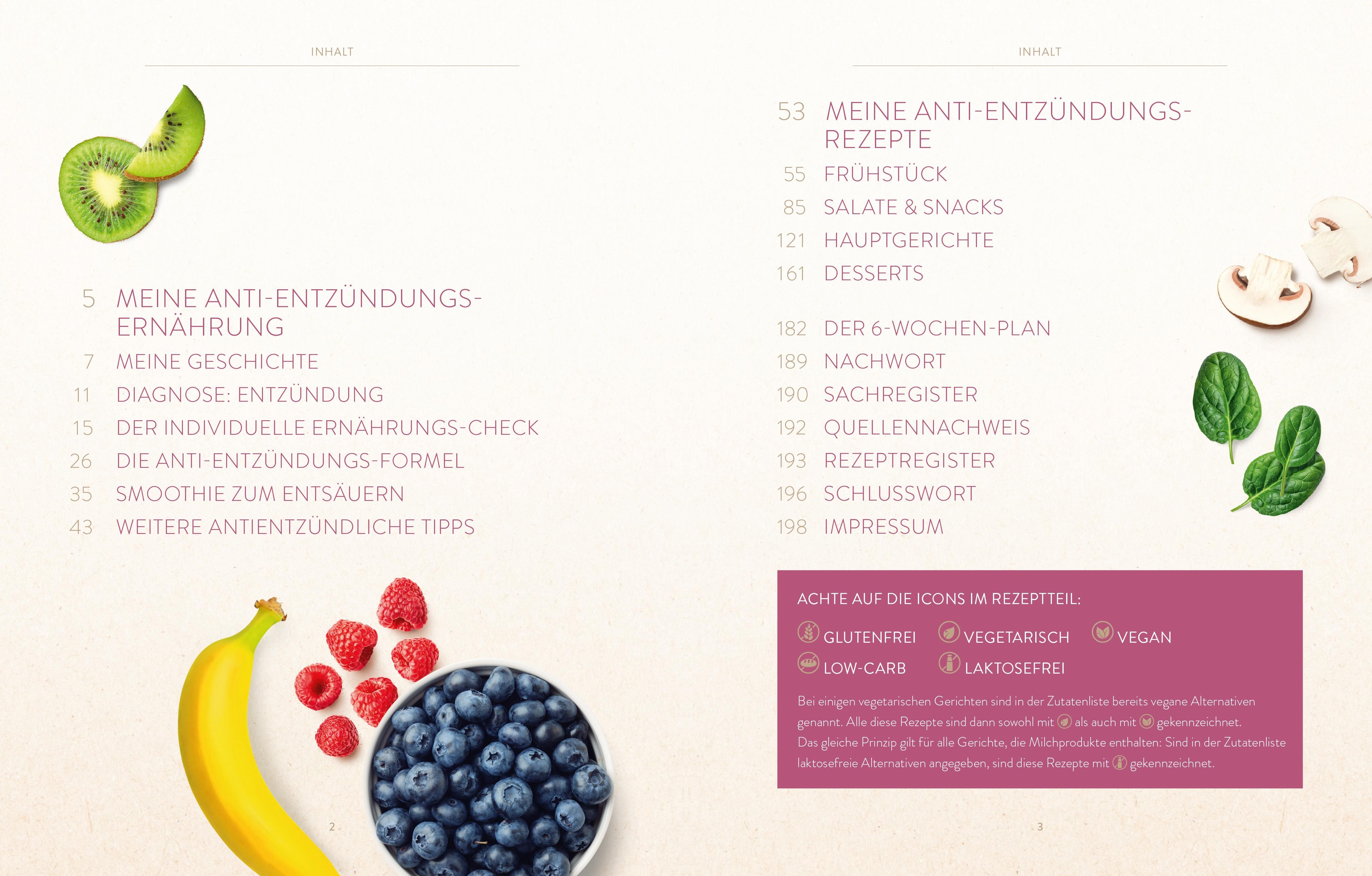 Buchseite mit Inhaltsverzeichnis. Auflistung von Rezepten und Themen. Illustrationen von Obst und Gemüse.