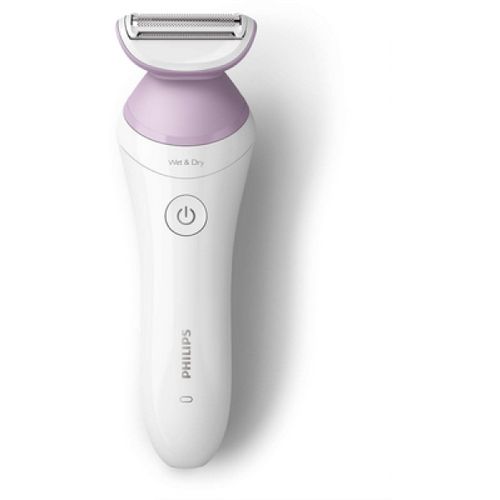 Weißer Philips Damenrasierer mit lila Akzenten. Mit Ein-/Ausschalter und 'Wet & Dry' Schriftzug.