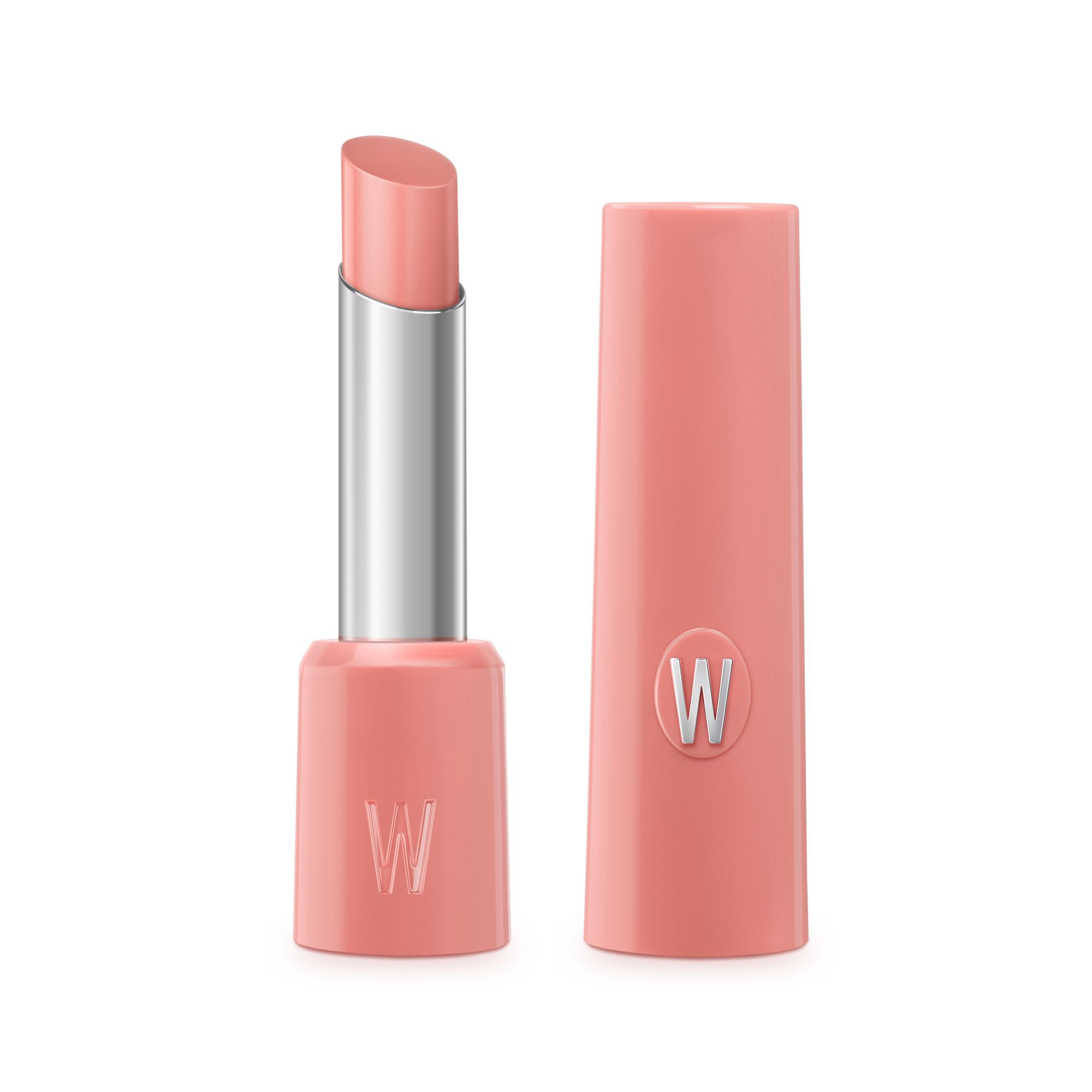 WYCON Cosmetics Hydrasheer Glossy Lipstick in der Farbe 02 Linen. Der Lippenstift ist rosa und hat einen silbernen Metallteil. Der Deckel ist ebenfalls rosa und trägt das 'W' Logo.