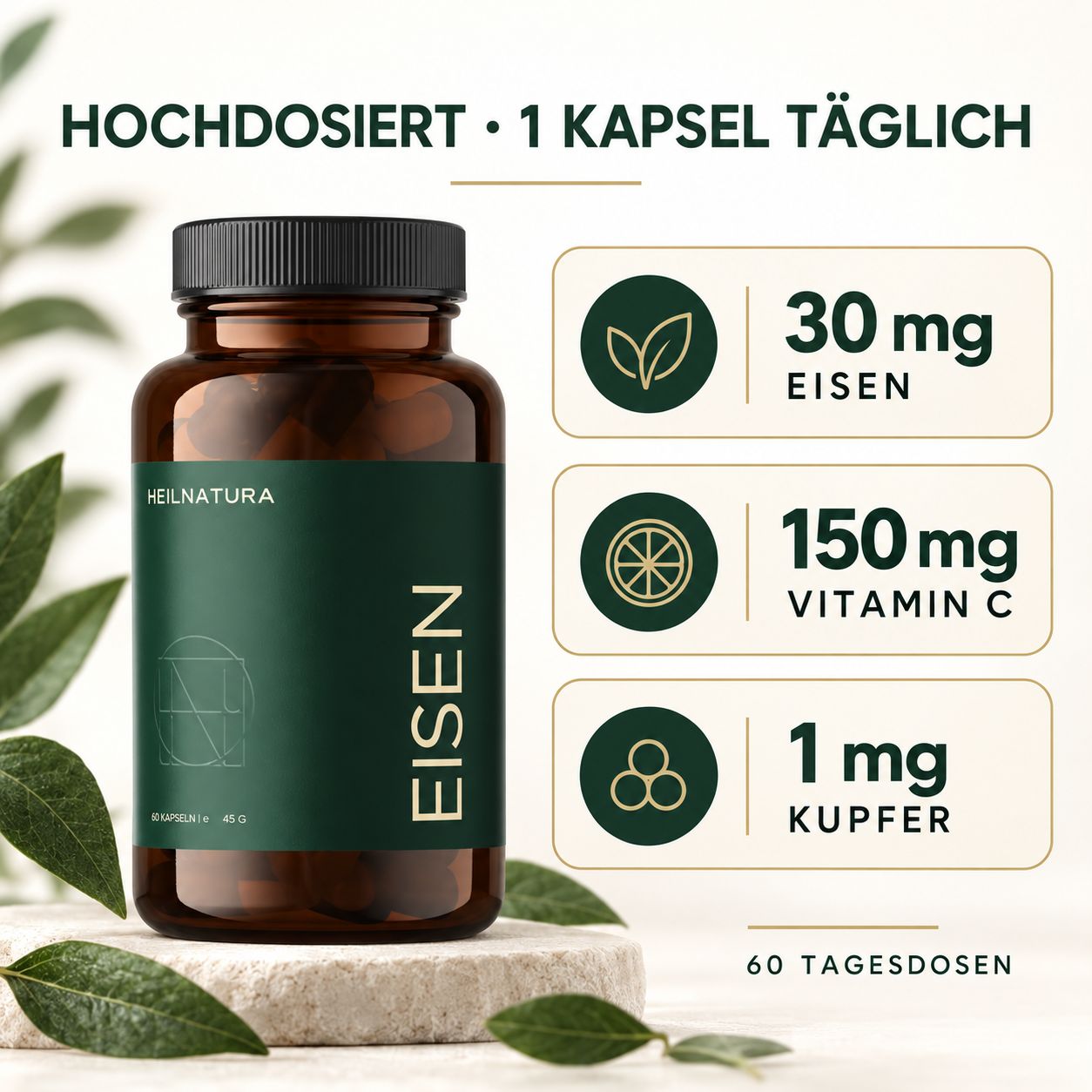 Heilnatura Eisen Kapseln 30 mg mit Vitamin C & Kupfer – 60 Stück