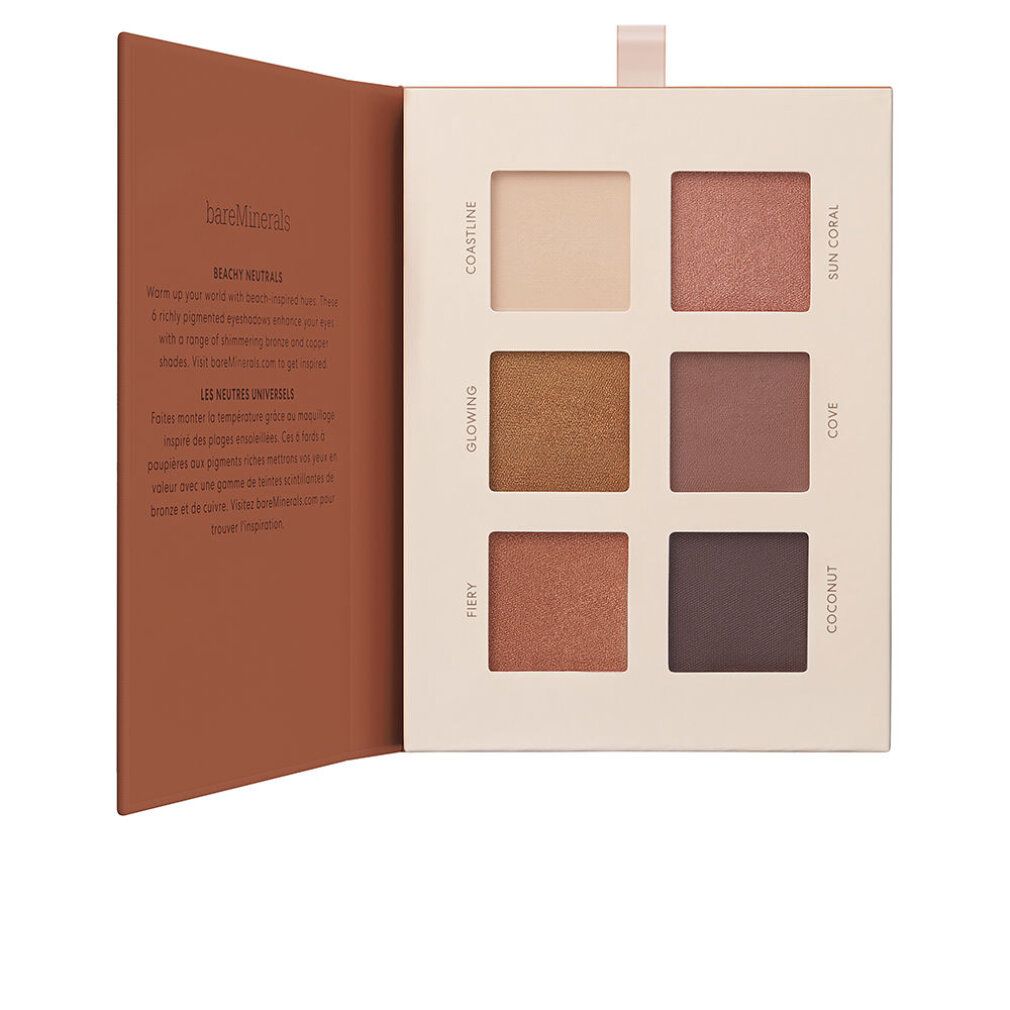Lidschatten-Palette mit sechs Farbtönen. Beige, Rosa, Braun und Dunkelbraun. Marke Bareminerals. Geöffnet, in einer Verpackung.