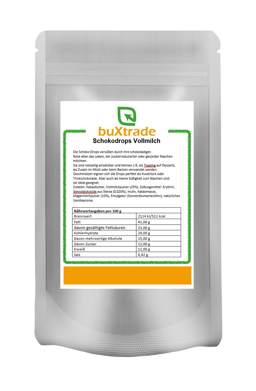 Verpackung von buXtrade Schokodrops Vollmilch. Text mit Produktinformationen und Nährwertangaben.