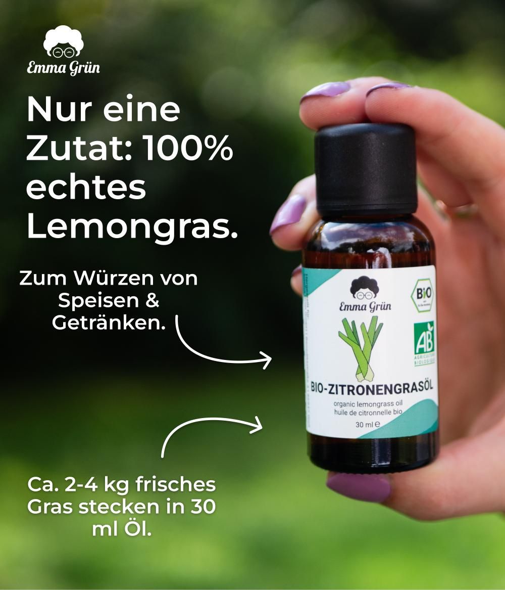 Hand hält Flasche Bio-Zitronengrasöl. Text: Nur eine Zutat: 100% echtes Lemongras. Bio-Zertifizierung.