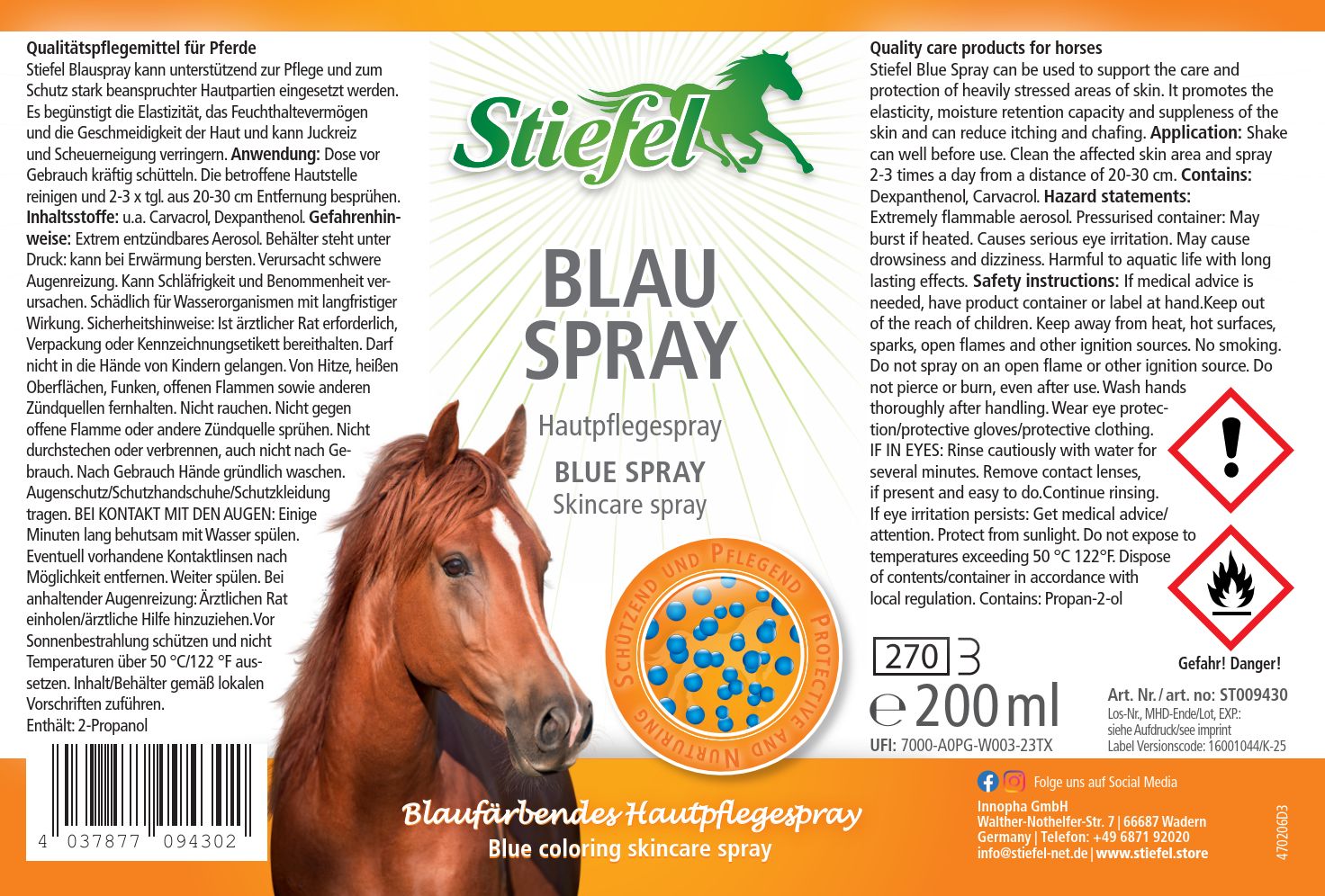 Stiefel Blauspray-Etikett. Blaues Hautpflegespray für Pferde. Enthält Text, ein Pferd, und Warnhinweise. 200 ml Flasche.