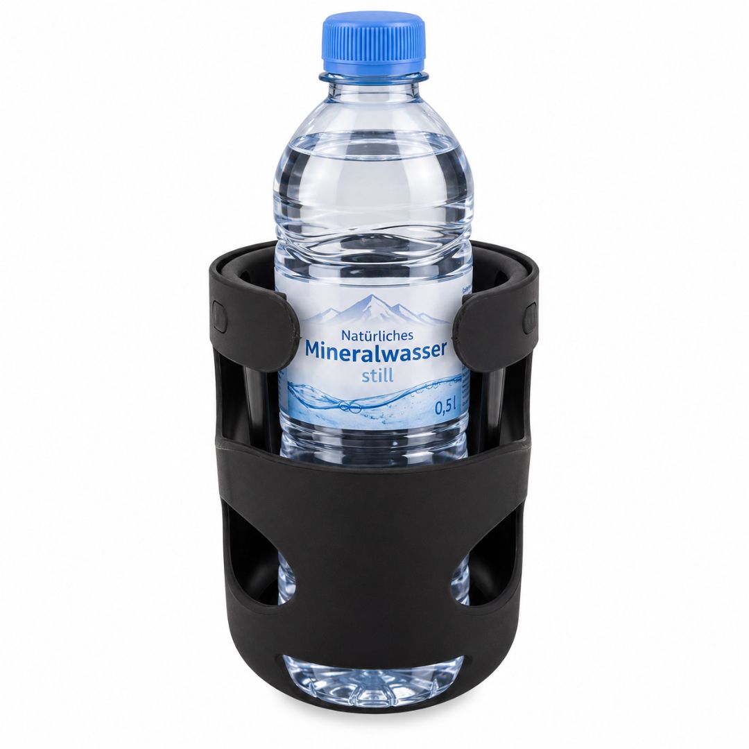 Schwarzer Becherhalter mit Aussparungen und Riemenbefestigung.