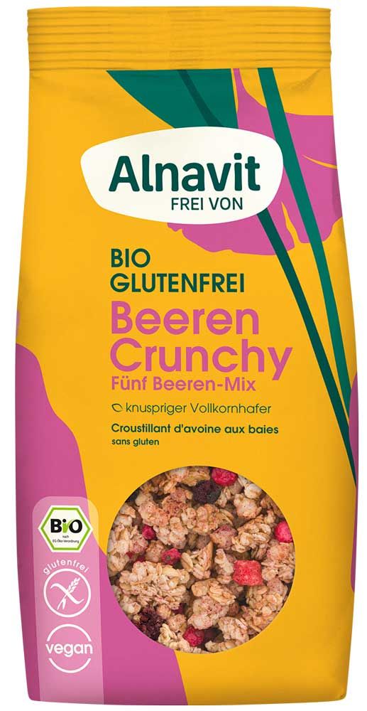 Gelbe Verpackung mit Produktbezeichnung und Sichtfenster. "Alnavit Frei Von" und "Bio Glutenfrei Beeren Crunchy" sind sichtbar.