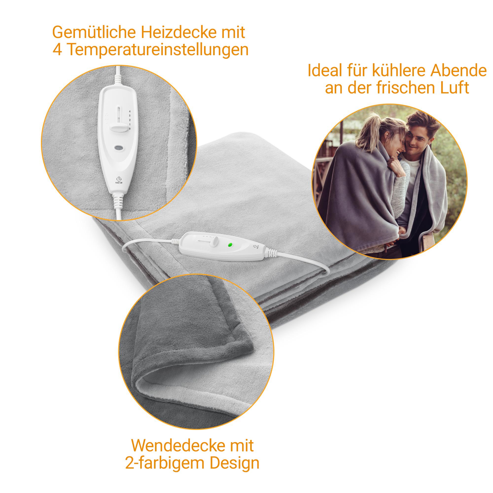 Graue Heizdecke mit abnehmbarem Bedienelement, Kabel und Steckverbindern.