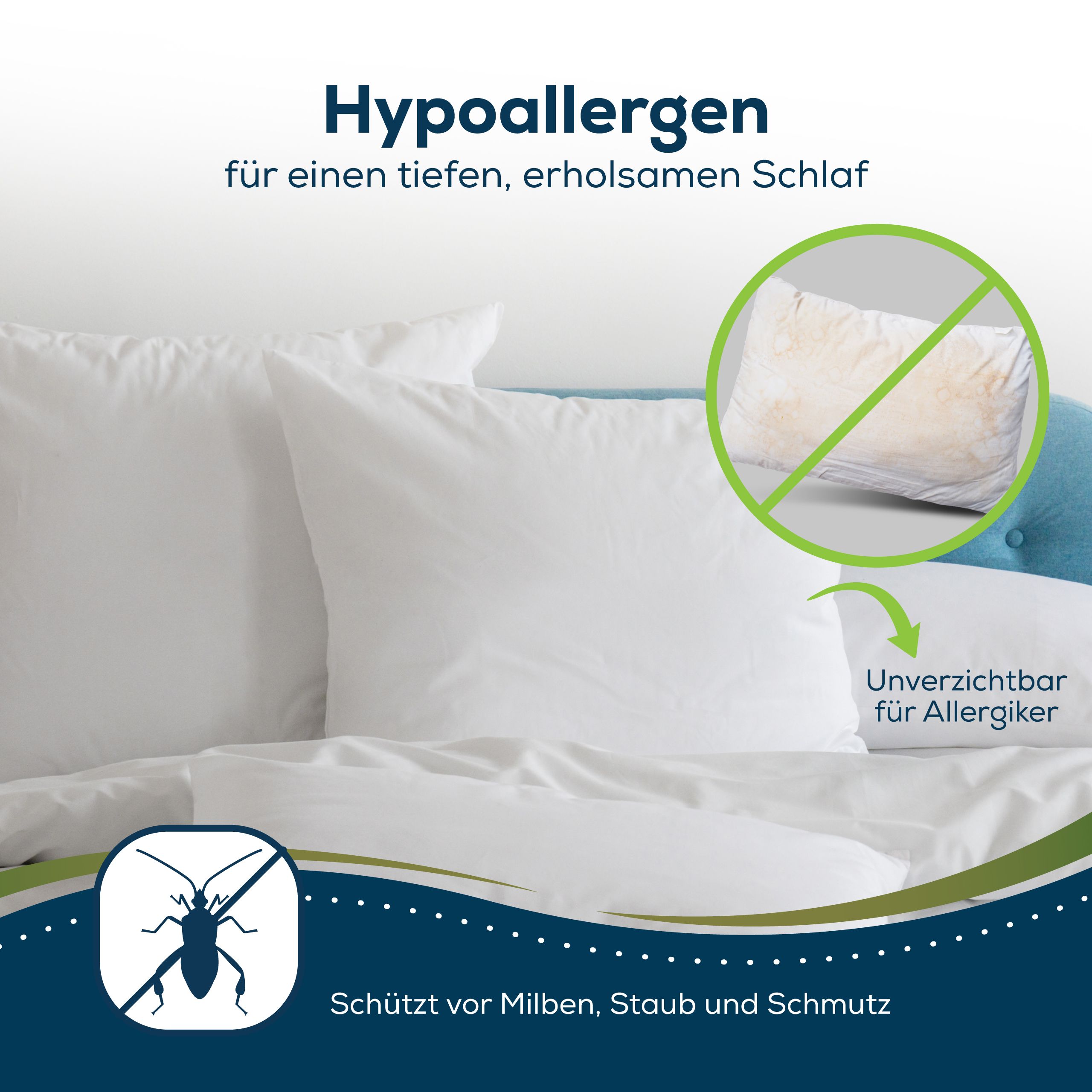 Weiße Kissen auf Bett. Hypoallergen, schützt vor Milben, Staub und Schmutz. Für Allergiker geeignet.