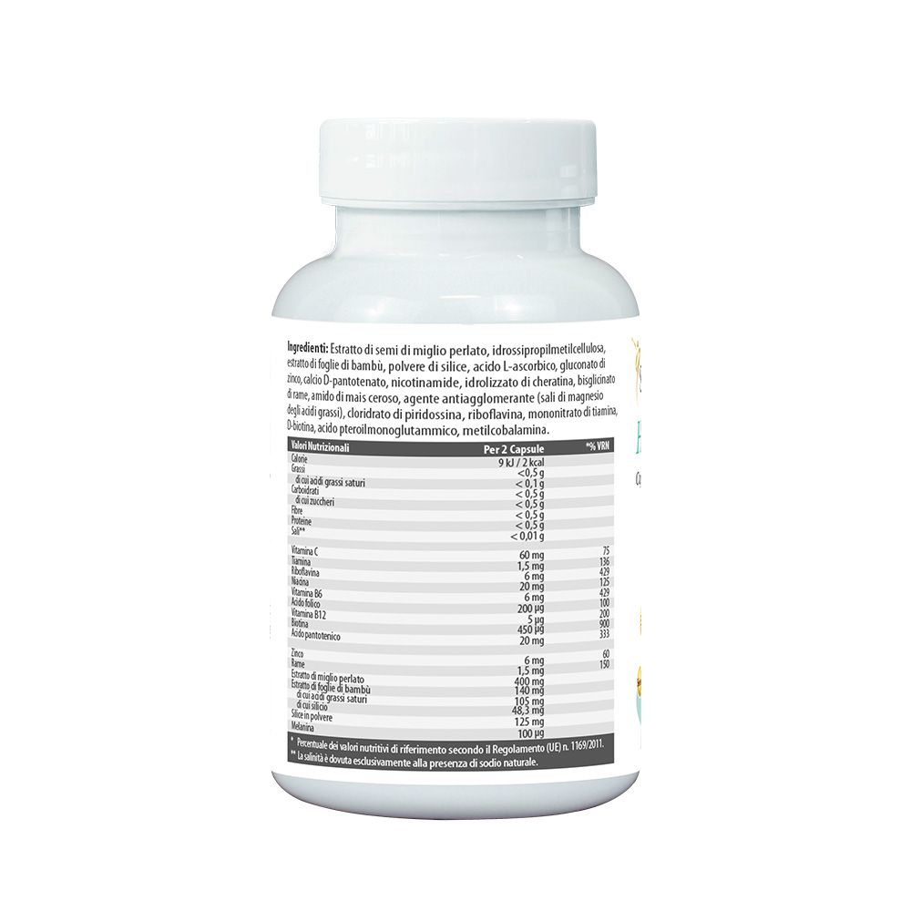 Rückseite der weißen Flasche mit Inhaltsstoffangaben und Nährwerttabelle. Text in italienischer Sprache. Enthält Informationen zu Inhaltsstoffen.