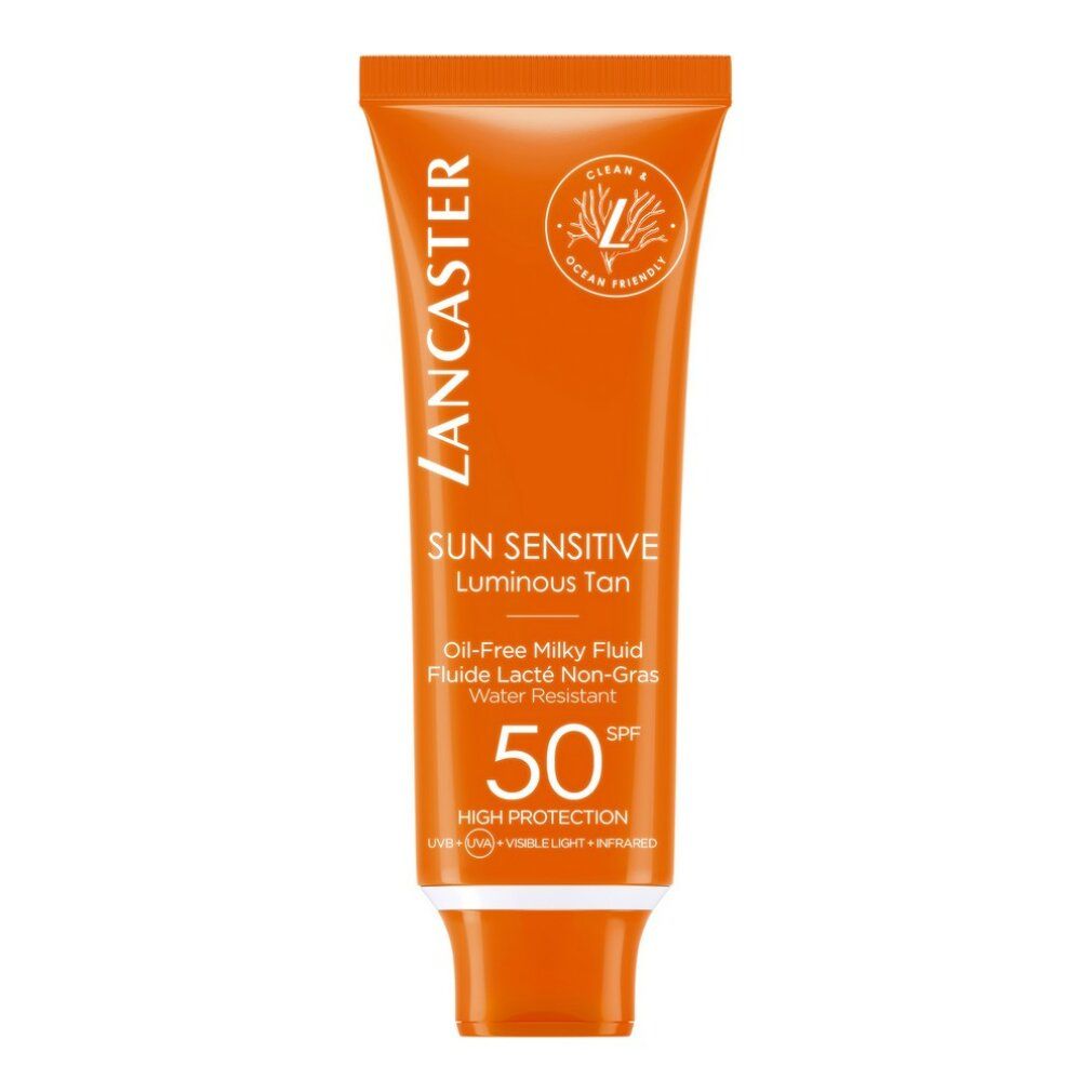 Orange Tube mit Sonnencreme. Text: Lancaster, Sun Sensitive, Luminous Tan, SPF 50, High Protection.