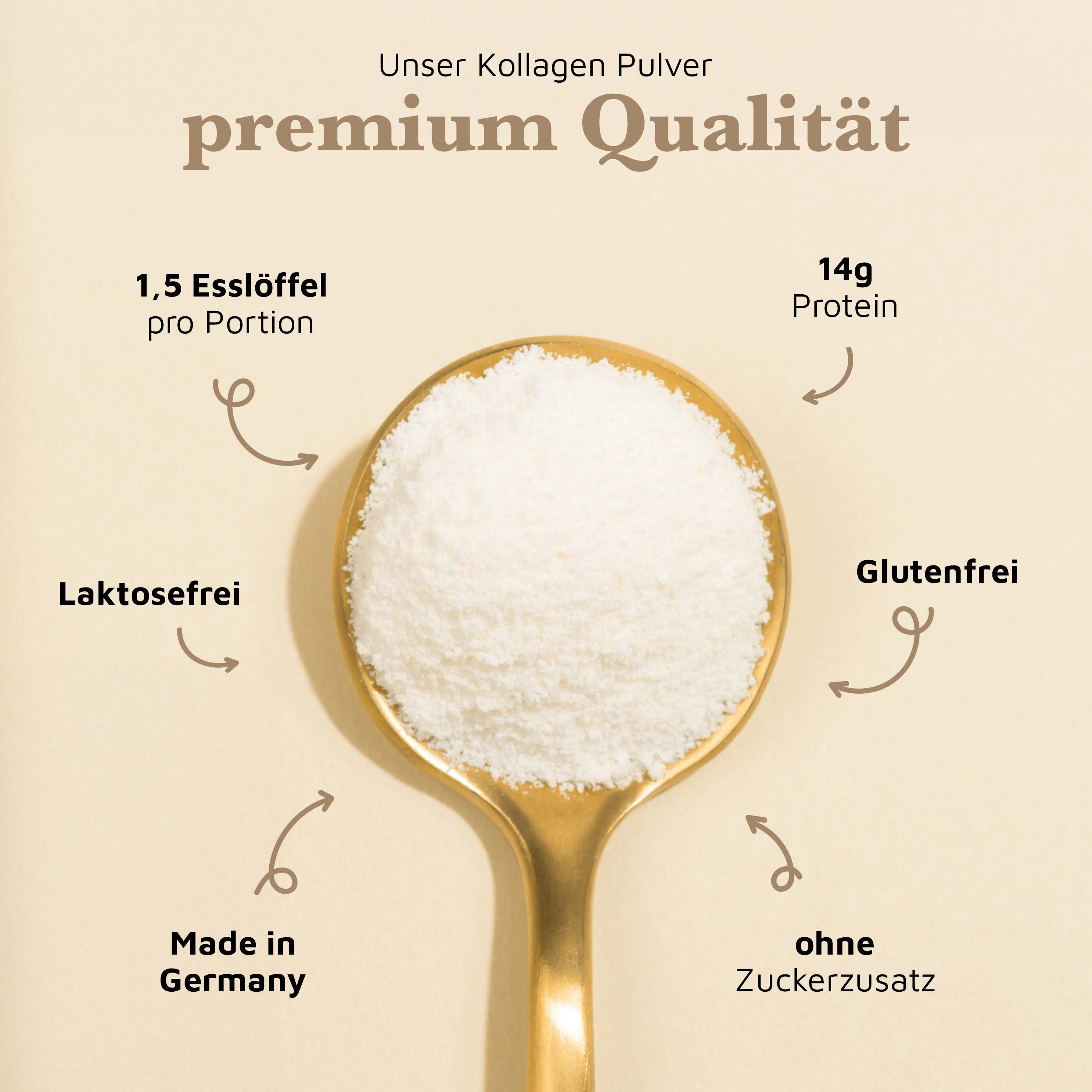 Goldener Löffel mit Kollagen Pulver. Text: 1,5 Esslöffel pro Portion, laktosefrei, glutenfrei, ohne Zuckerzusatz, Made in Germany.