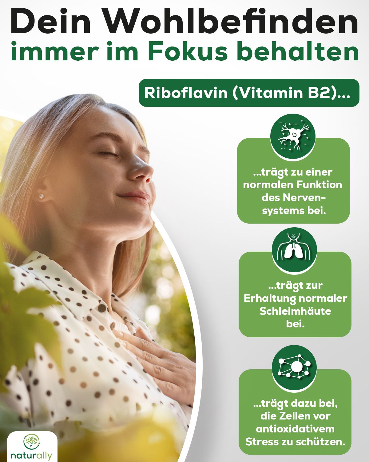 Werbetafel mit Frau und Text. Riboflavin (Vitamin B2) trägt zur normalen Funktion des Nervensystems bei.