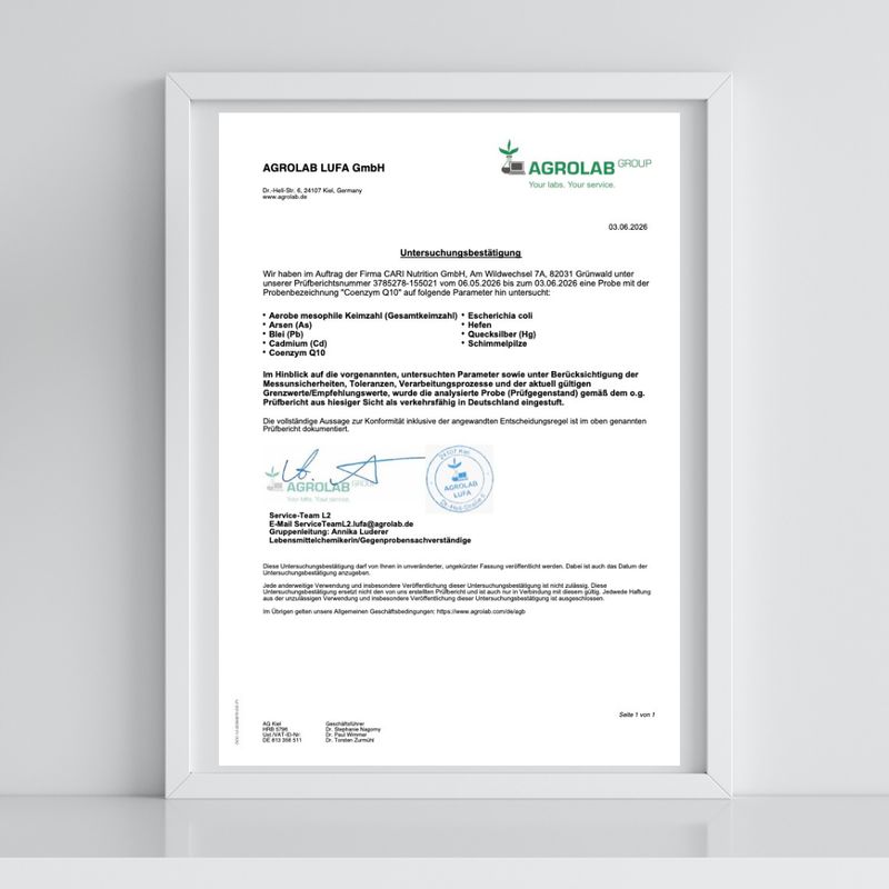 Analysenzertifikat für Coenzym Q10 von Cari Nutrition, ausgestellt von Agrolab.