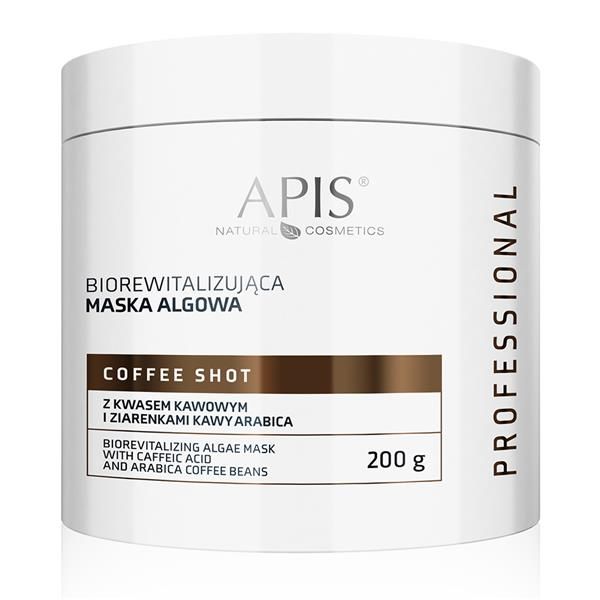 Weißer Tiegel mit braunem Etikett. Aufschrift: APIS, BIOREWITALIZUJĄCA MASKA ALGOWA, COFFEE SHOT, 200 g. Professionell.