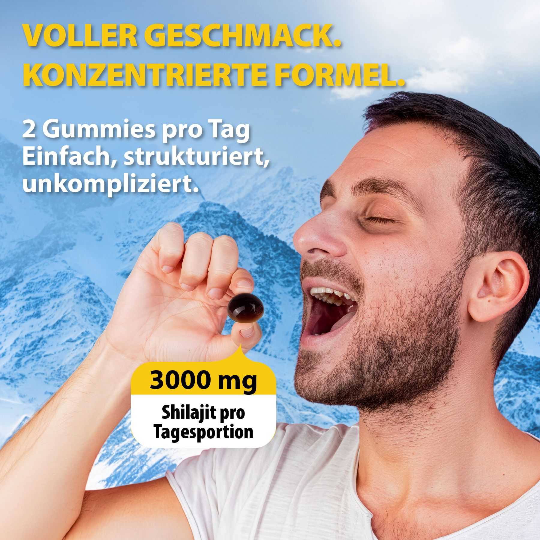Mann isst Gummibärchen. Text: 3000 mg pro Tagesportion. Hintergrund: Berge. Konzentrierte Formel.