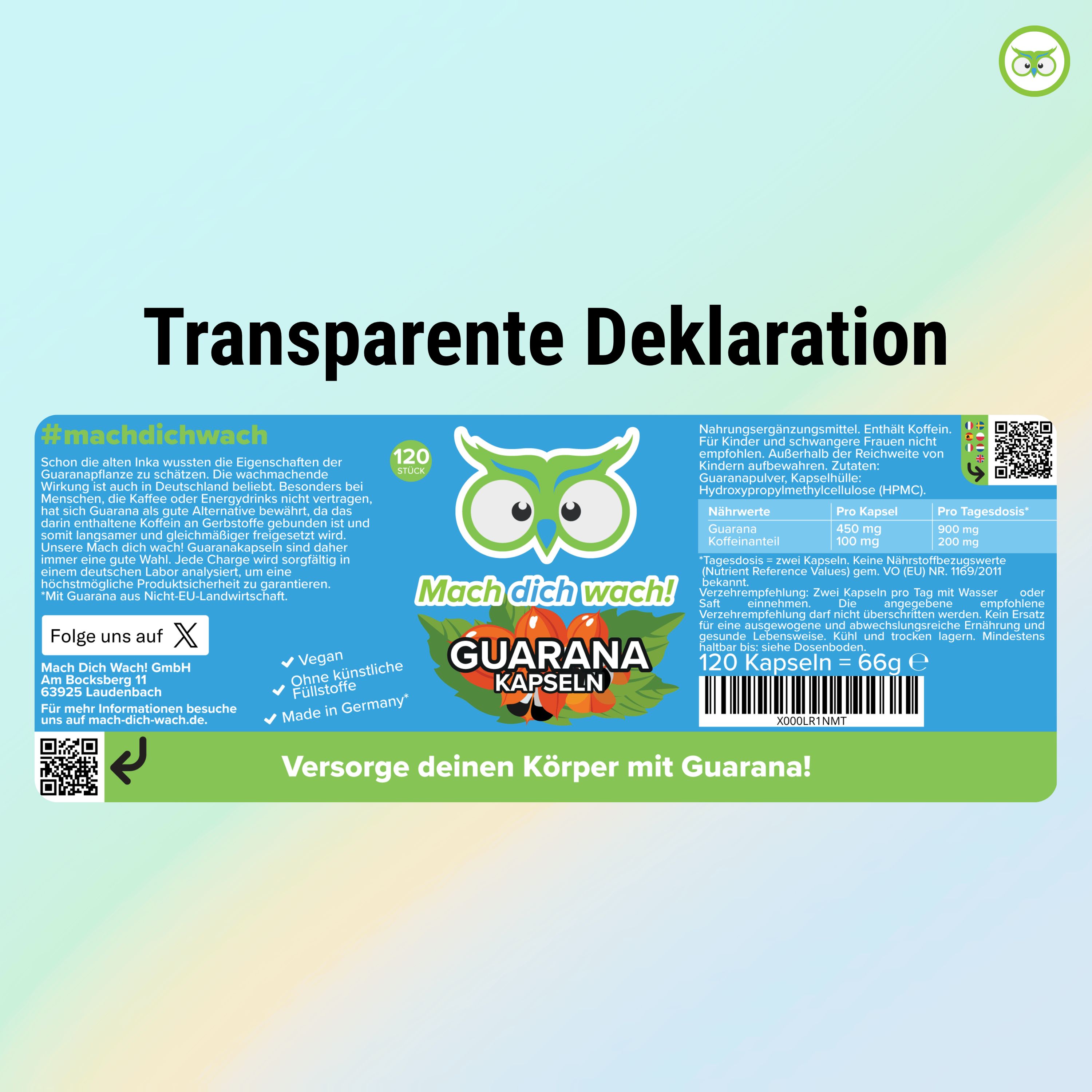Blaues Etikett mit Text und Logo: Guarana Kapseln, Mach dich wach!® und 120 Kapseln. Enthält Informationen zur Deklaration.