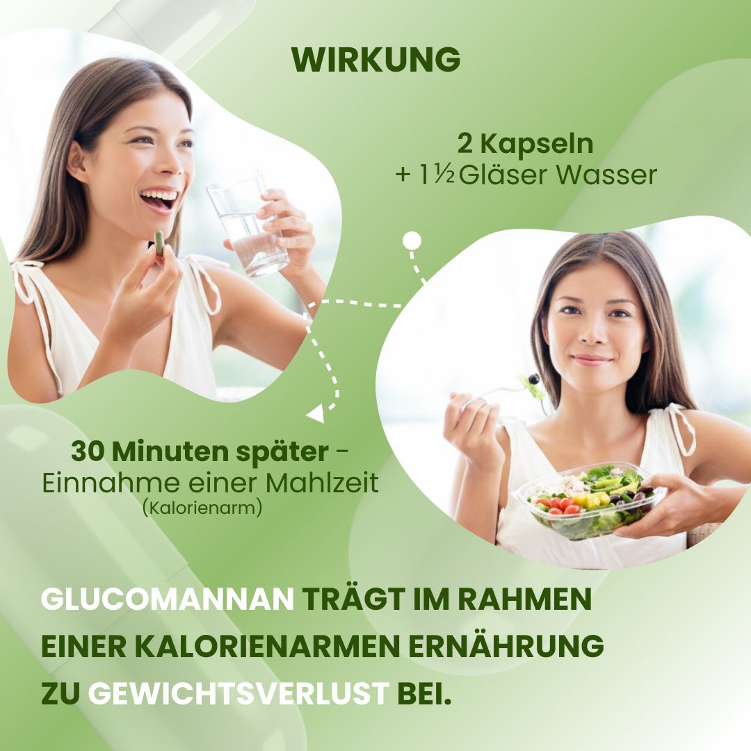 Frau trinkt Wasser und isst Salat. Text: 2 Kapseln + 1½ Gläser Wasser. Glucomannan trägt zur Gewichtsabnahme bei. 30 Minuten nach einer Mahlzeit.