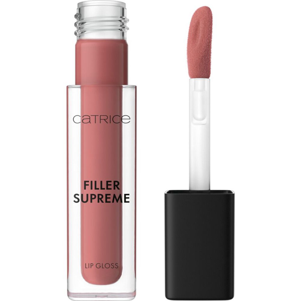 Catrice Supreme Lippenfiller Gloss. Transparente Tube mit rosa Inhalt. Applikator mit rosa Spitze. Schwarzer Deckel. Marke sichtbar.