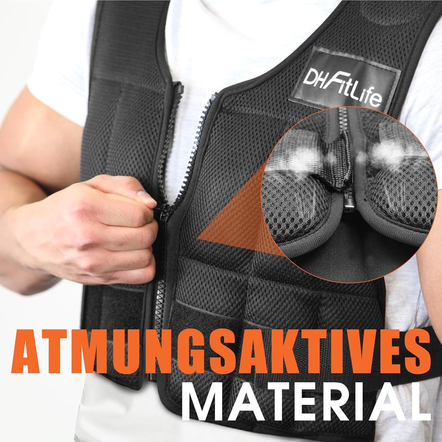 Nahaufnahme der DH FitLife Gewichtsweste mit Reißverschluss. Text: ATMUNGSAKTIVES MATERIAL.