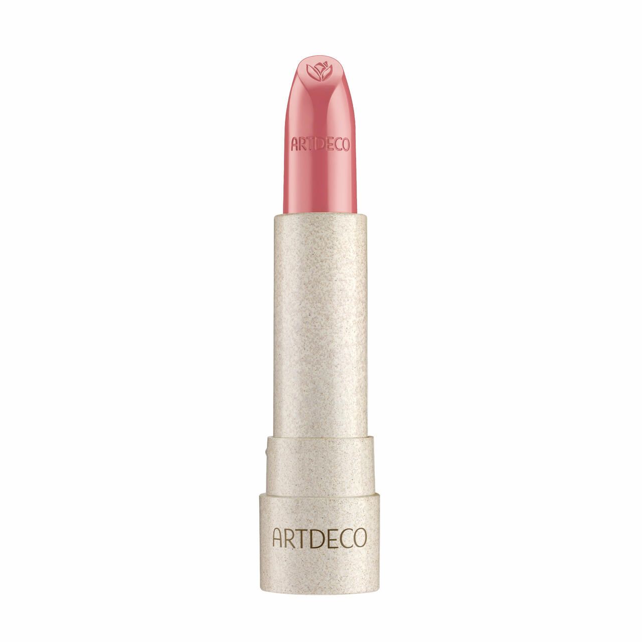 Lippenstift, teilweise herausgedreht. Rosa Lippenstift mit Blütenmotiv und Artdeco-Logo. Cremefarbene Hülse.