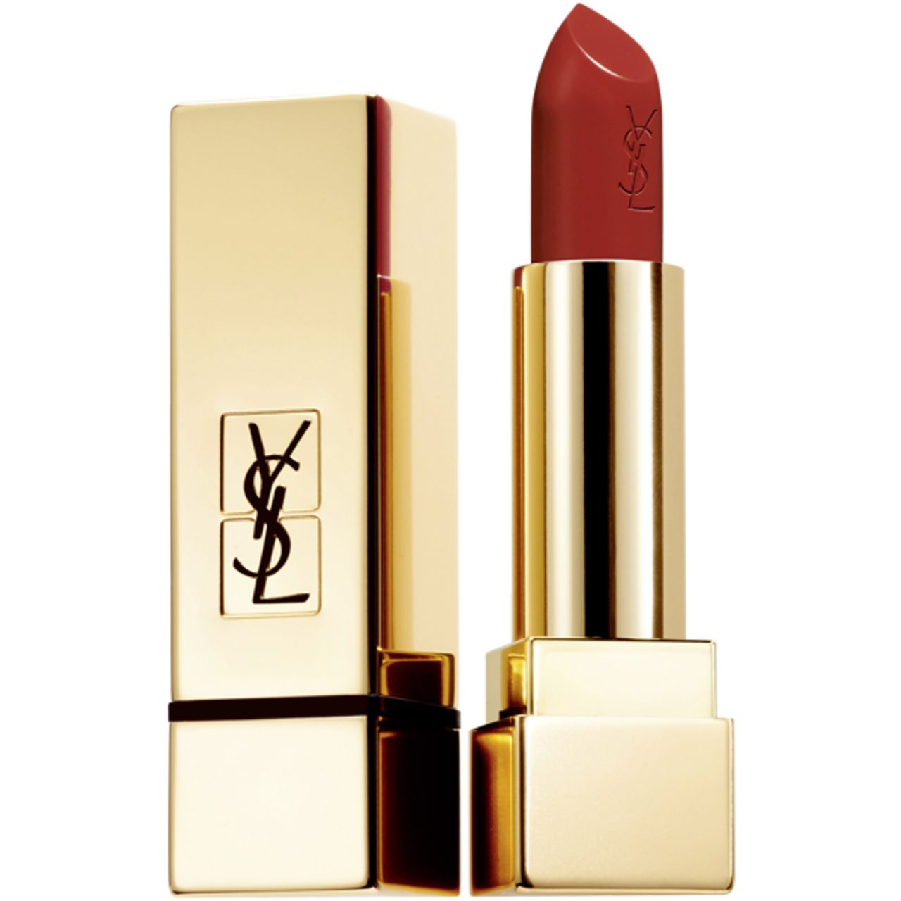 Goldfarbener Lippenstift von Yves Saint Laurent. Geöffnete Hülse mit rotem Lippenstift. YSL-Logo auf der Hülse.
