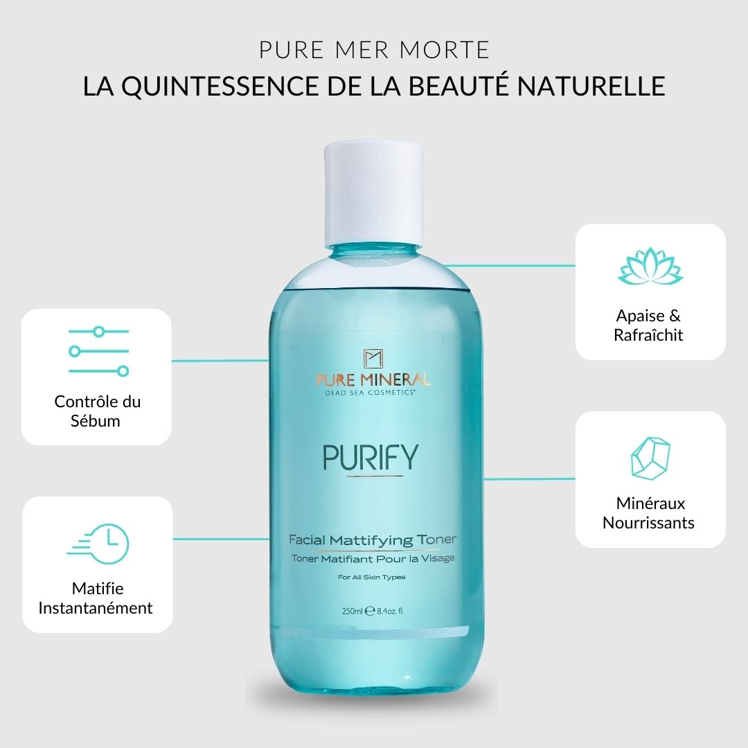 Flacon de lotion tonique avec texte : PURIFY, Facial Mattifying Toner. Symboles : contrôle du sébum, matifie instantanément.