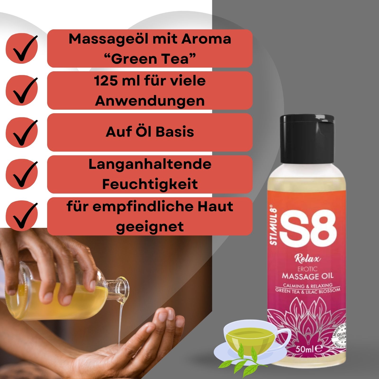 S8 Relax Massageöl. Flasche, 50ml. Öl wird in Hand gegossen. Text: Massageöl mit Aroma, 125ml.