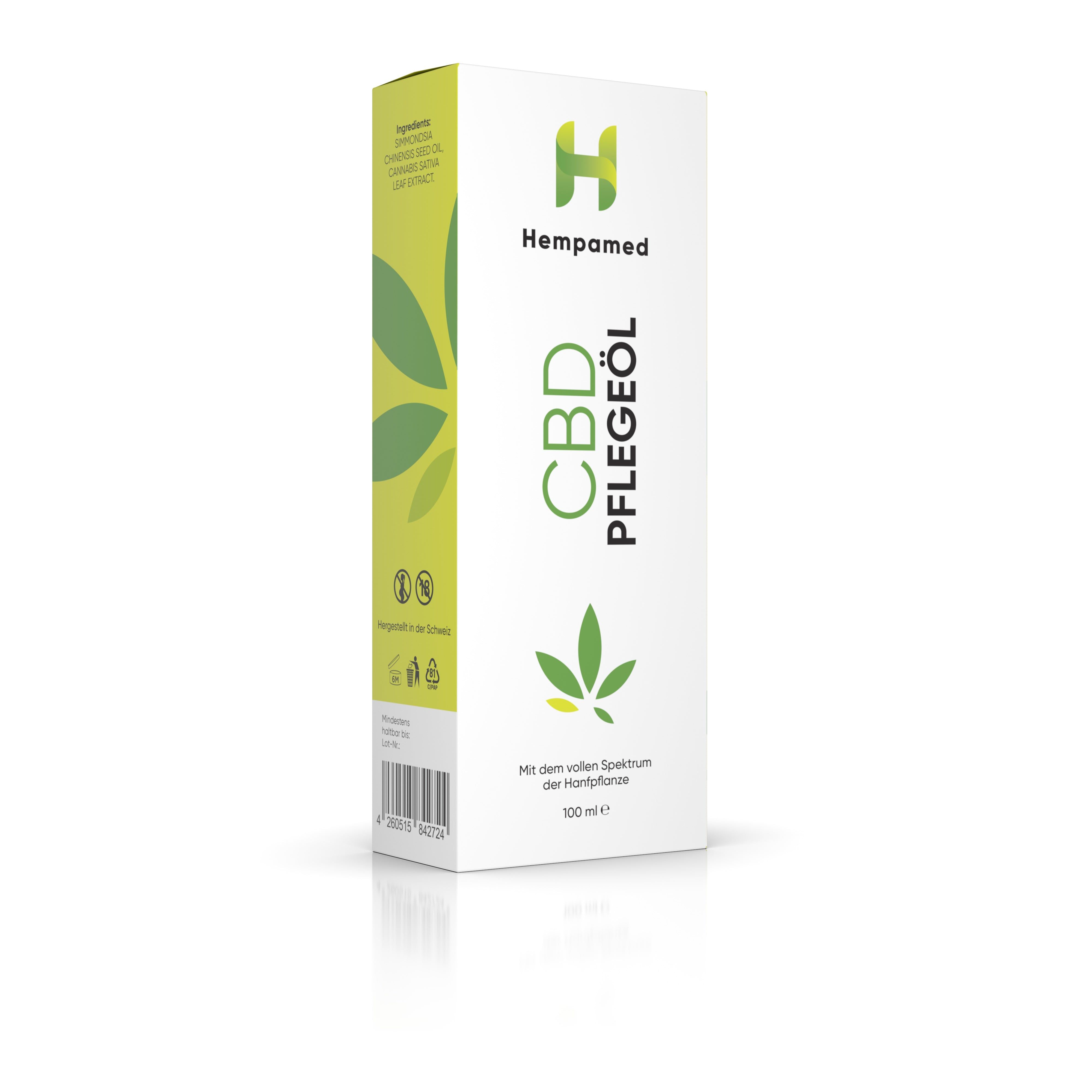 Weiße Verpackung mit grünem Logo und Text "CBD Pflegeöl". Das Logo von Hempamed ist sichtbar. Die Verpackung ist rechteckig.