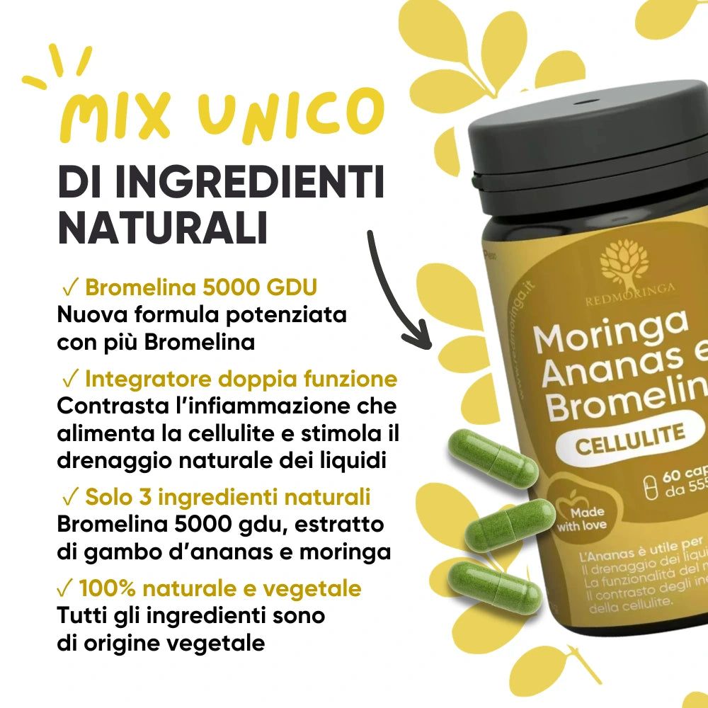 Flasche RedMoringa: Einzigartige Mischung natürlicher Inhaltsstoffe. Bromelain 5000 GDU, Ananas, Moringa.