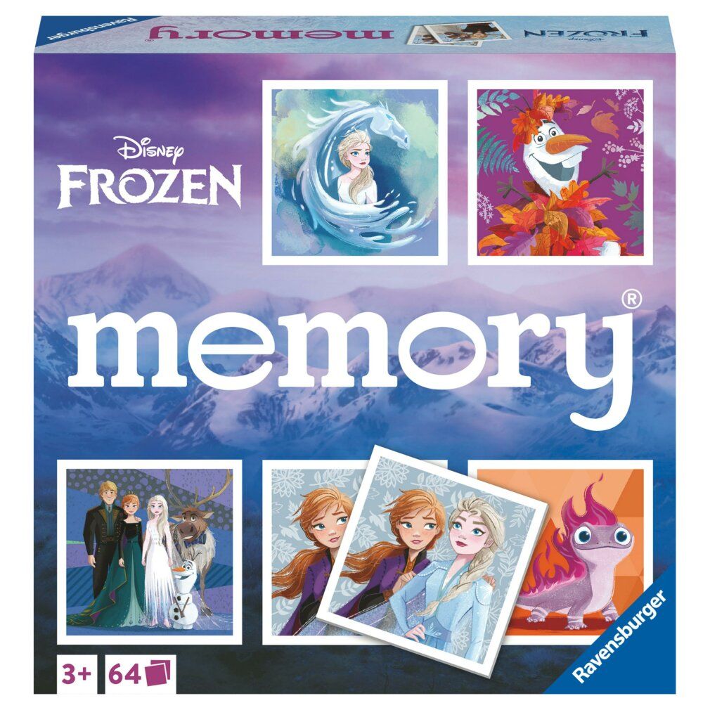 Ravensburger Memory Disney Frozen. Kartenspiel-Box mit sechs Kartenmotiven. Altersempfehlung: 3+. 64 Karten.
