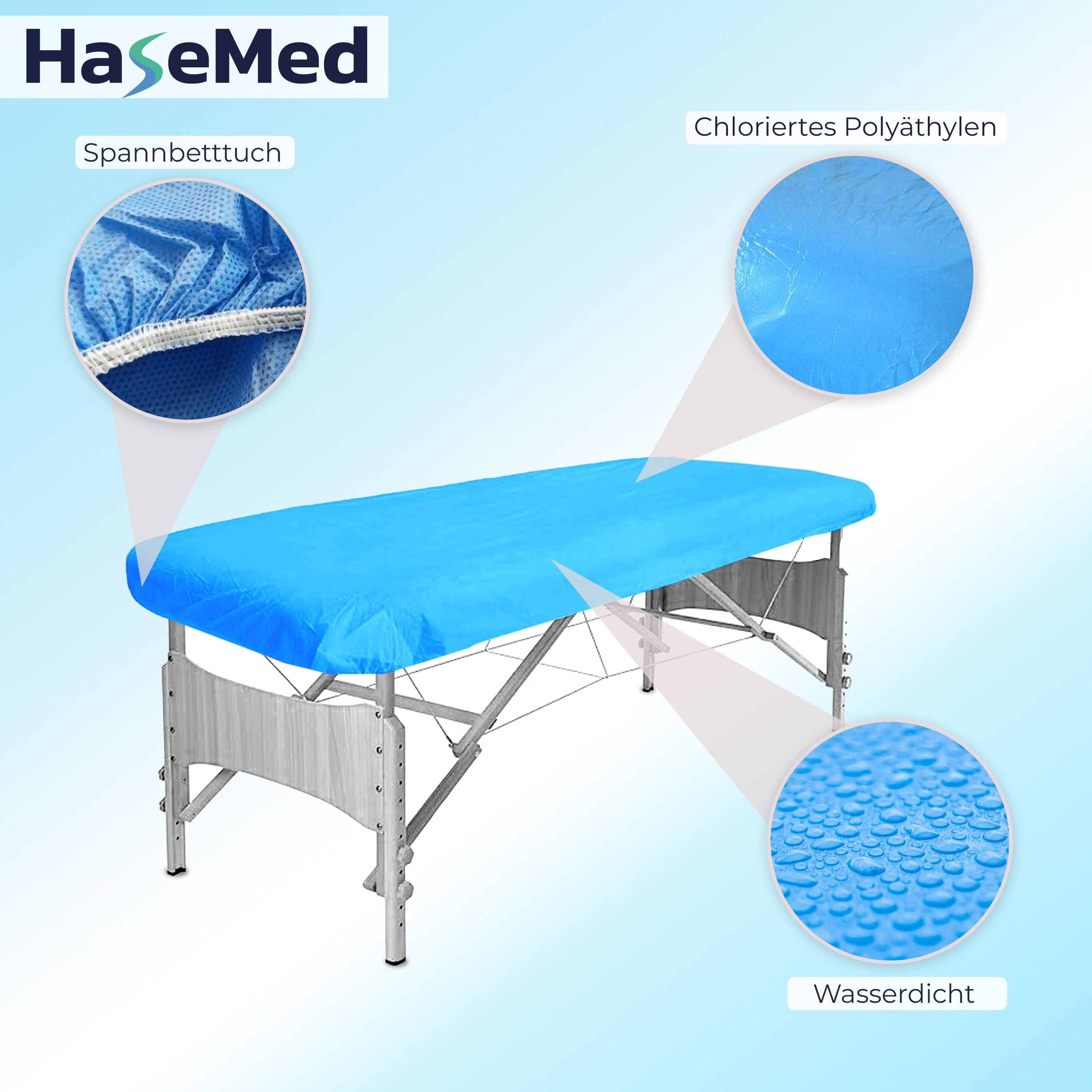 Blauer Matratzenschoner auf einer Liege. Details: Spannbetttuch, chloriertes Polyäthylen, wasserdicht.