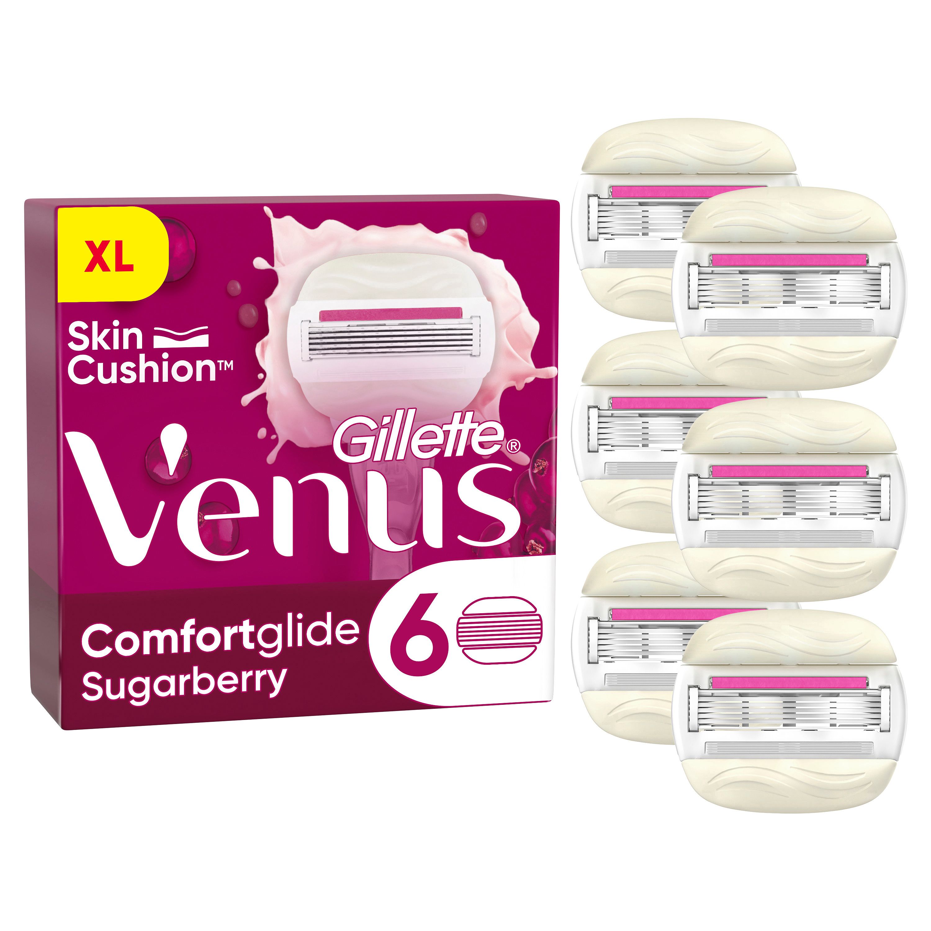 Packung mit 6 Rasierklingen. Produktname: Comfortglide Sugarberry. Marke: Gillette Venus. XL-Packung.